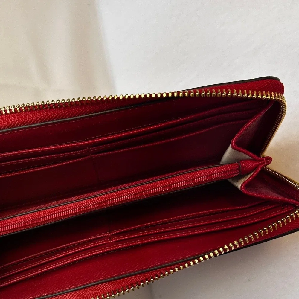 Michael Kors Scarlet Red Leather Zip Around Continental Wallet Gold Lock